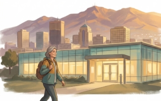 Modern stem cell clinic in El Paso with Franklin Mountains backdrop and hopeful patient approaching entrance