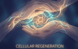 Illustration of hands glowing with regenerative light, representing hand arthritis regenerative treatment and small-joint healing.