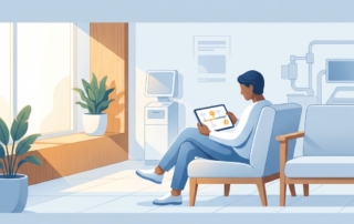 Patient reviewing BMAC injection recovery time timeline on tablet in modern regenerative medicine clinic