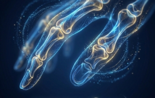 Illustrated glowing finger joints representing advanced finger joint arthritis treatment pathways