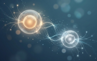 Stylized illustration of two glowing cells representing exosome vs stem cell therapy options in regenerative medicine