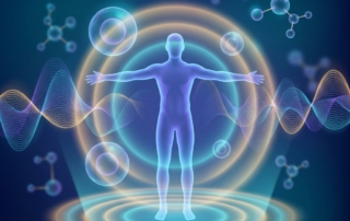 Glowing human silhouette surrounded by biomarker data visualizations representing a personalized stem cell injection inflammation protocol