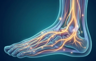 Conceptual illustration of cellular regeneration in foot tissue, representing posterior tibial tendon dysfunction treatment