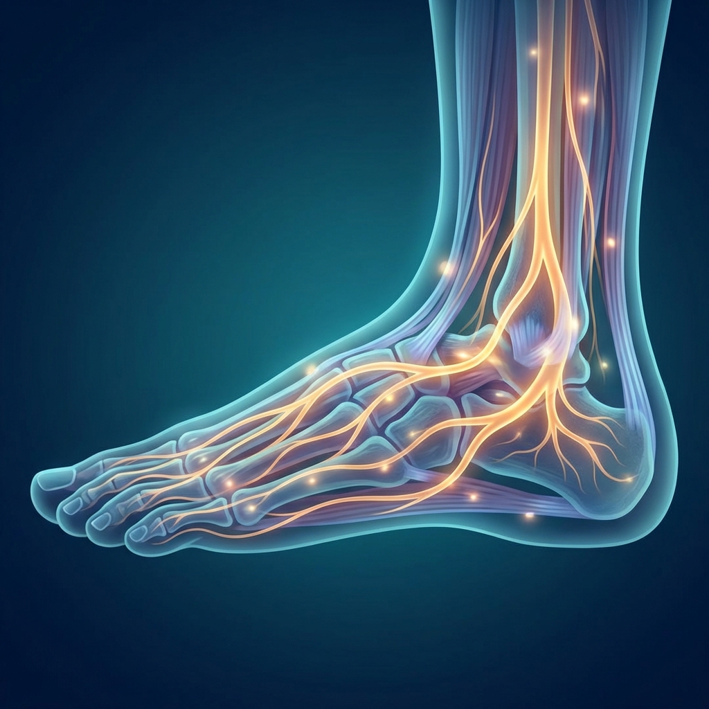Conceptual illustration of cellular regeneration in foot tissue, representing posterior tibial tendon dysfunction treatment
