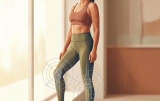 Illustration of a confident woman with subtle biological system overlays depicting what causes knee pain in females
