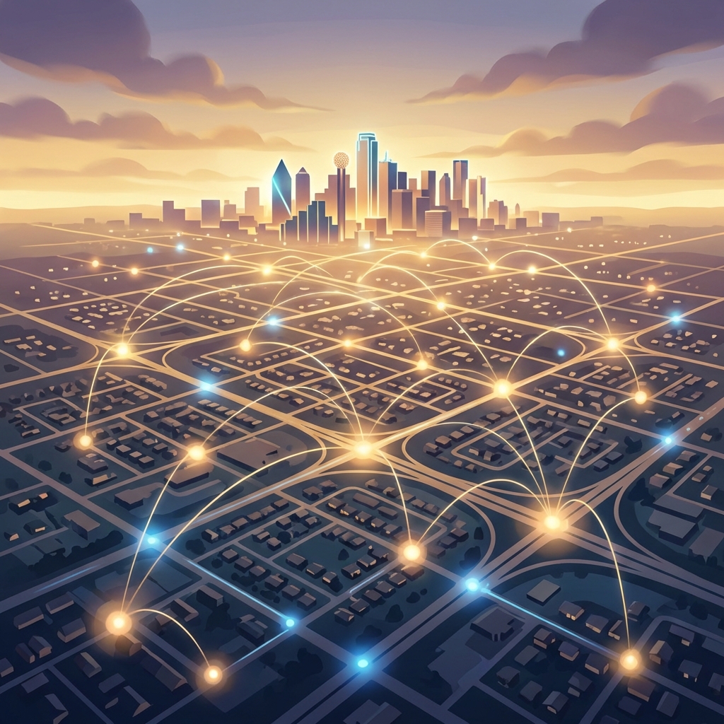 Stylized aerial view of Dallas-Fort Worth metroplex at golden hour illustrating regenerative medicine Dallas Fort Worth access network