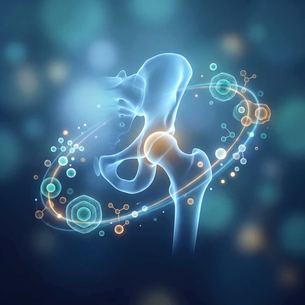Stylized illustration of hip joint with regenerative cellular elements representing femoroacetabular impingement regenerative treatment