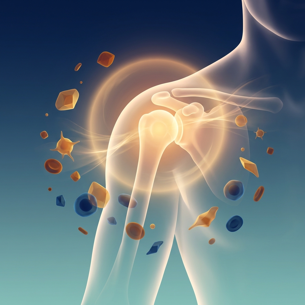 Stylized illustration of a healing shoulder joint with golden light, representing supraspinatus tear PRP treatment and regeneration.