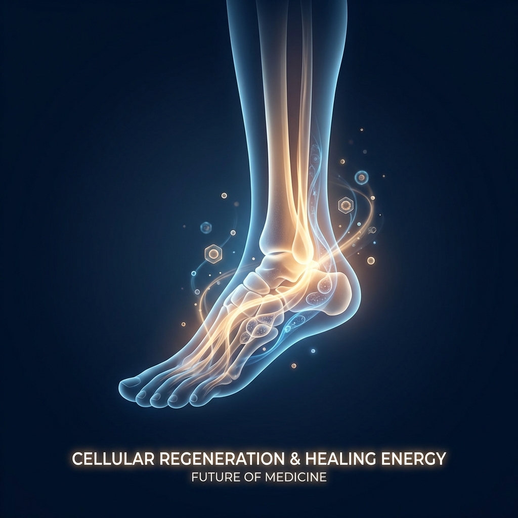 Stylized illustration of ankle regeneration symbolizing peroneal tendonitis regenerative treatment with glowing cellular energy