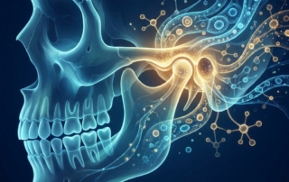 Stylized illustration of a jaw joint glowing with regenerative energy, representing TMJ arthritis regenerative treatment options.