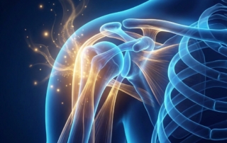 Glowing shoulder joint illustration representing subscapularis tear regenerative treatment with cellular healing energy