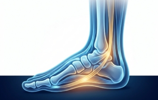 Stylized illustration of lower leg tendon healing pathways representing tibialis posterior tendonitis treatment