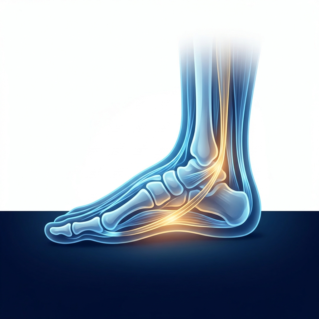 Stylized illustration of lower leg tendon healing pathways representing tibialis posterior tendonitis treatment