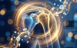 Stylized illustration of a healing shoulder joint with glowing regenerative energy, representing calcific tendonitis shoulder PRP treatment.