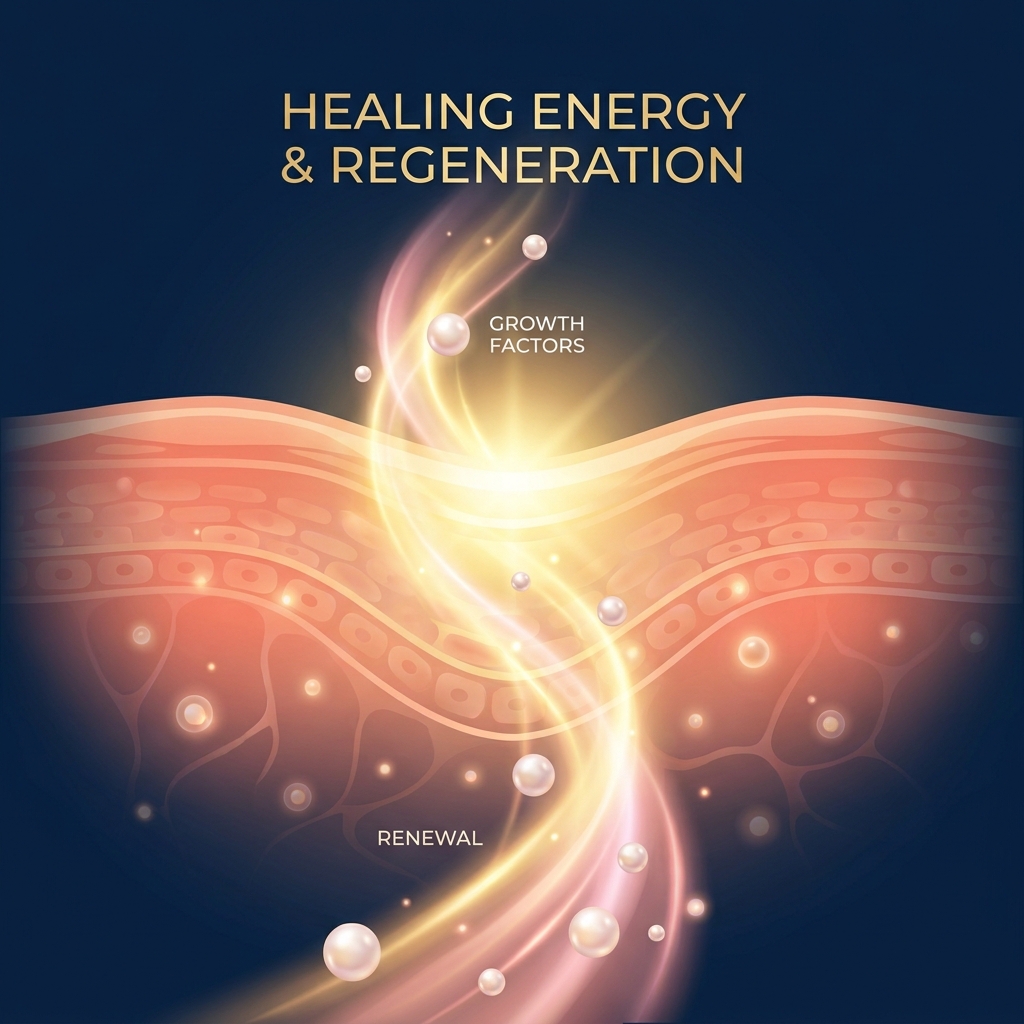 Stylized illustration of the PRP injection inflammation response showing a glowing healing cascade through tissue layers