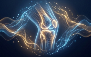 Glowing knee joint illustration symbolizing relief for knee joint pain through regenerative healing and biological reset.