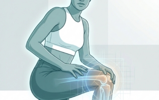 Athlete with glowing knee joint overlay representing pain knee squat diagnosis and location-based assessment