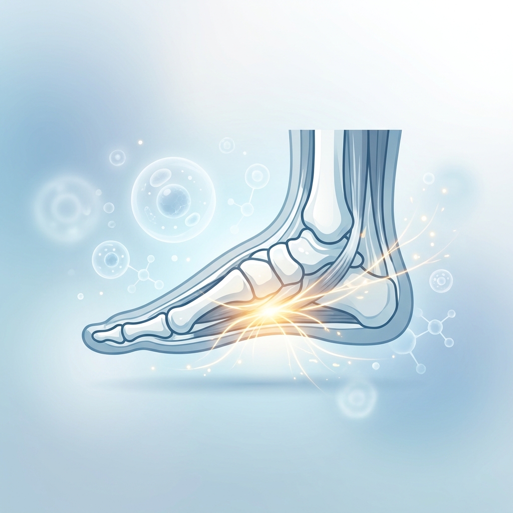 Illustrated foot with glowing arch representing plantar fasciitis injection treatment options and regenerative healing