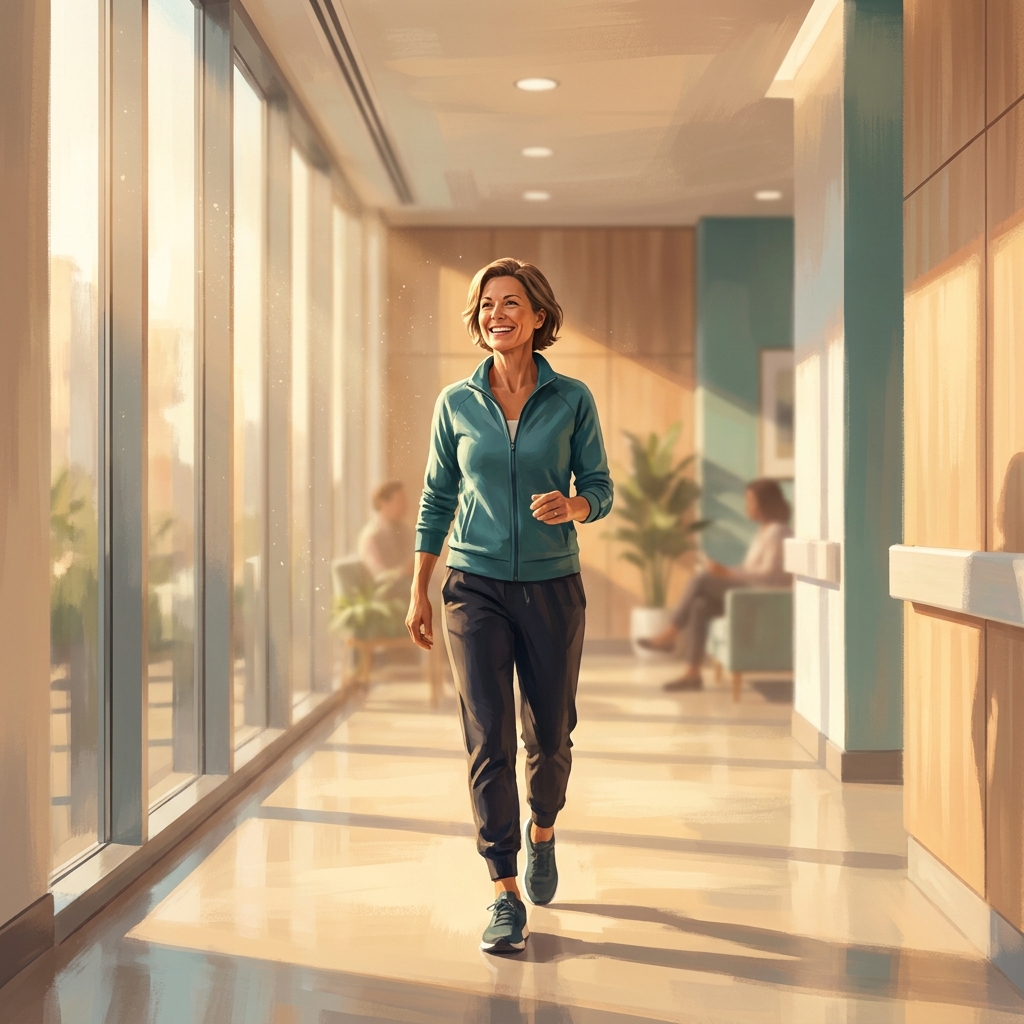 Active patient walking confidently in modern clinic, representing hip arthritis non surgical treatment options