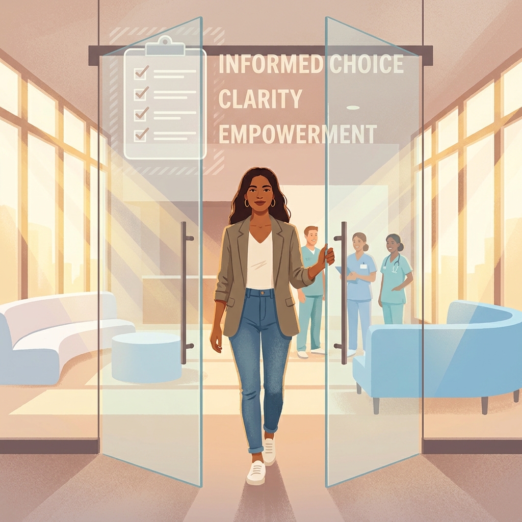 Patient confidently entering a modern regenerative medicine clinic, representing informed provider selection