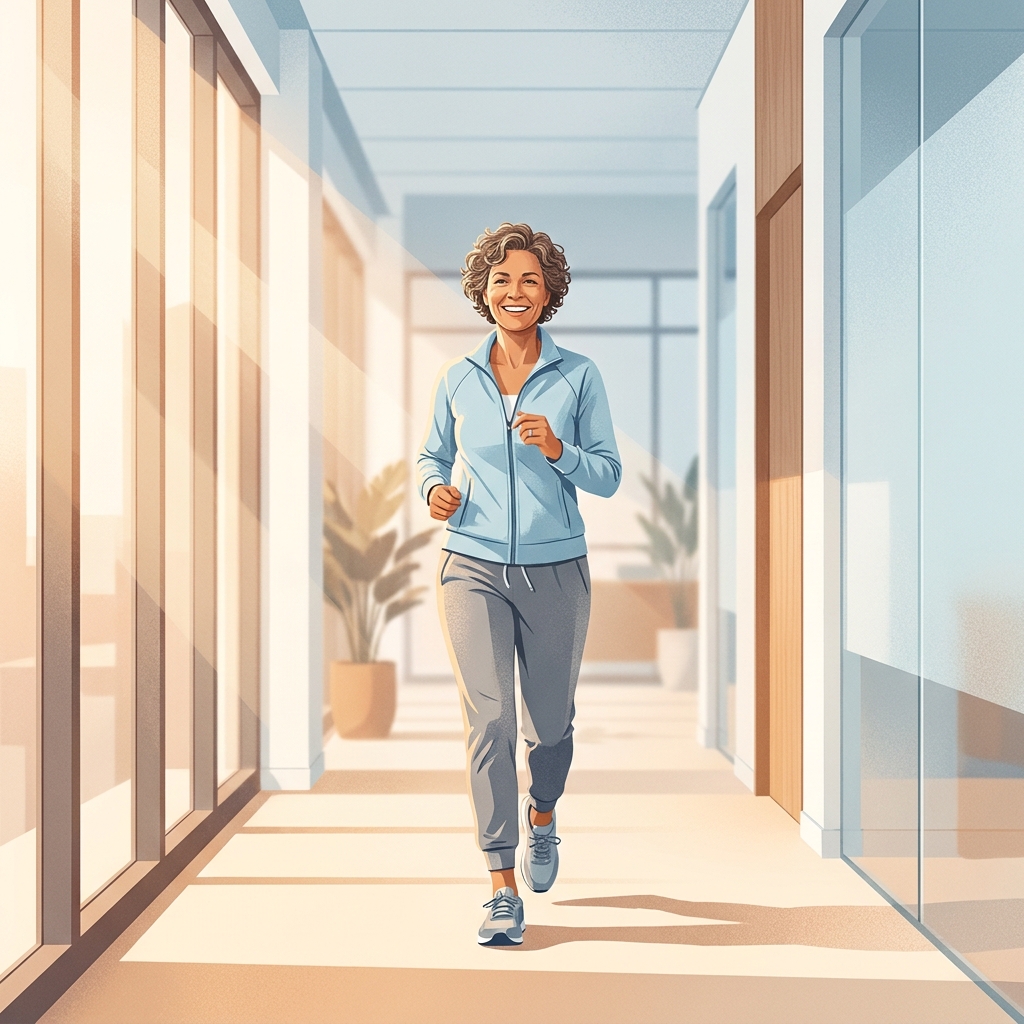 Patient walking confidently through a modern orthopedic clinic, representing same day orthopedic injection treatment outcomes.