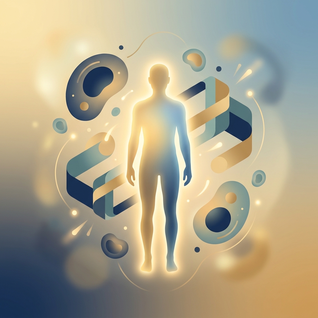 Glowing human silhouette surrounded by cellular structures representing regenerative medicine for chronic pain treatment