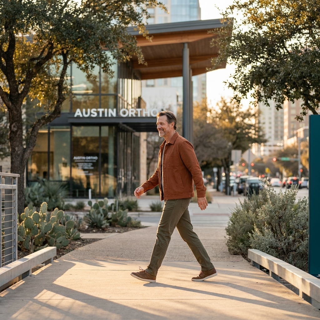 Active patient walking confidently near a modern regenerative medicine clinic in Austin Texas
