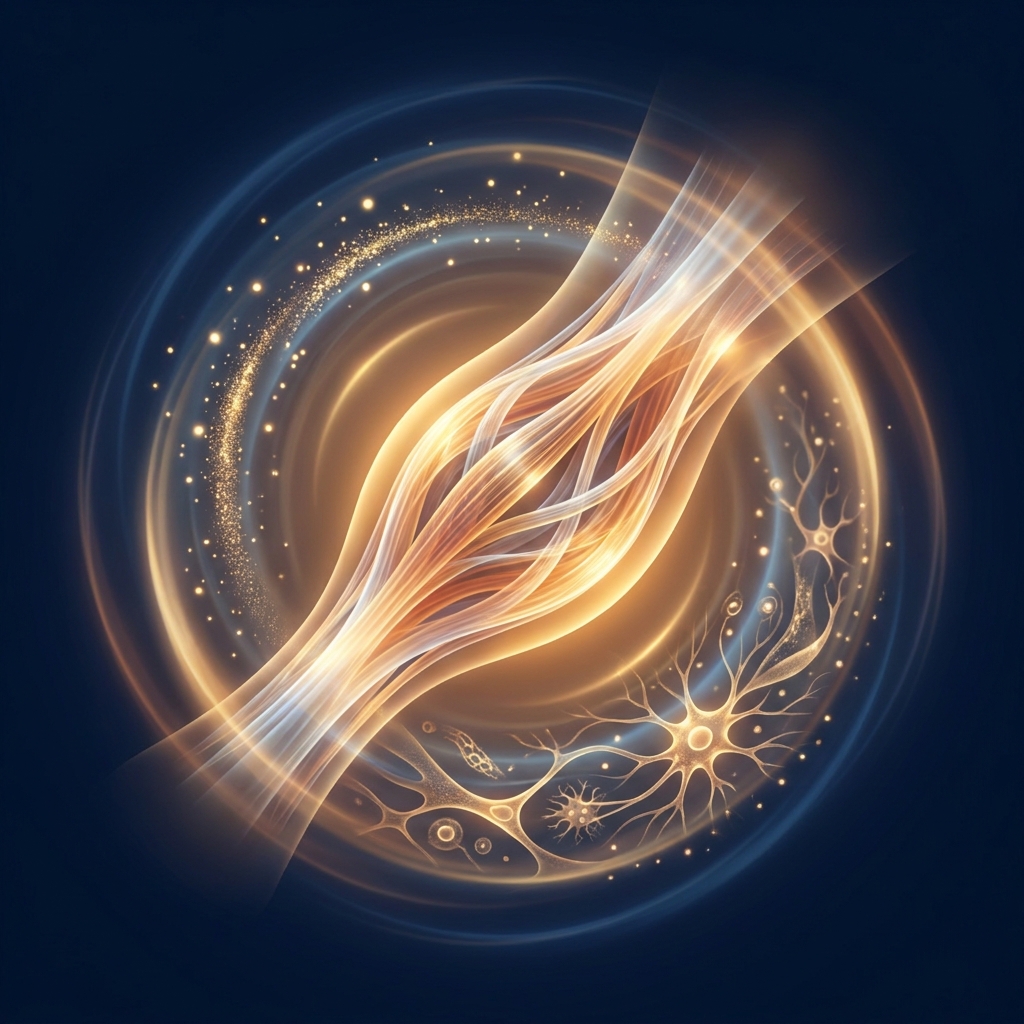 Glowing illustration of tendon healing with PRP growth factors depicted as golden light particles surrounding tissue.