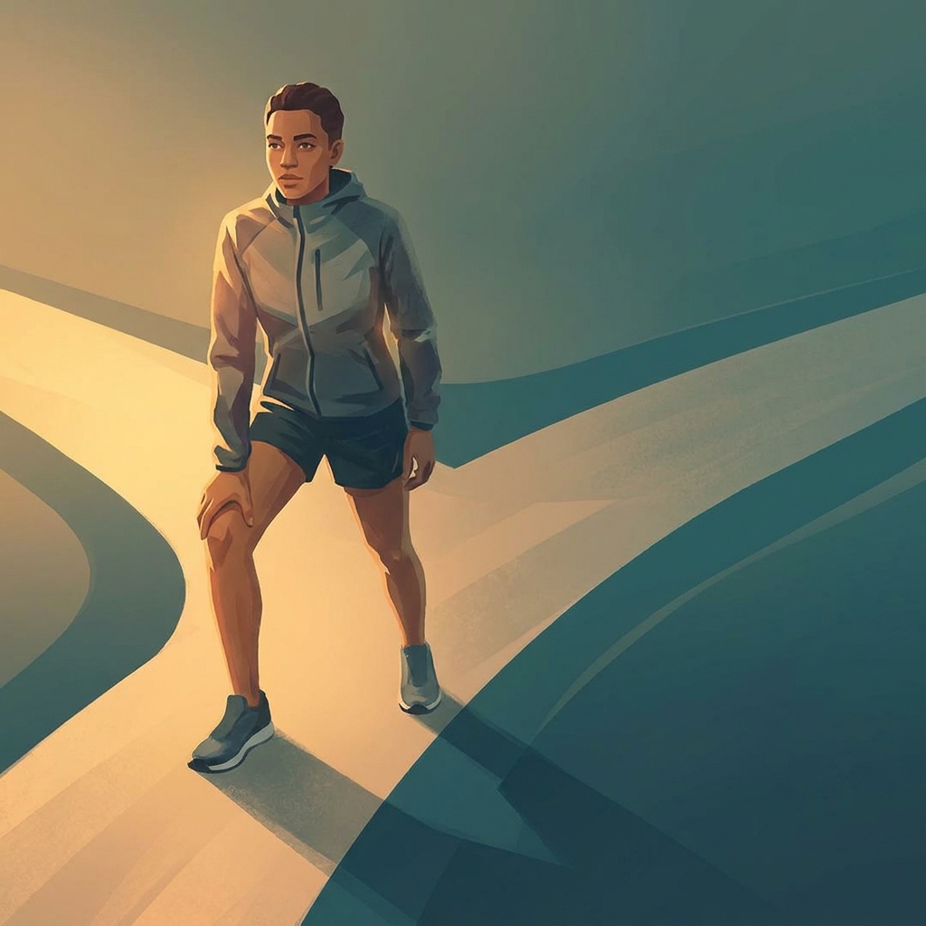 Athlete standing confidently at a decision crossroads, hand on knee, representing a smart knee pain workout strategy