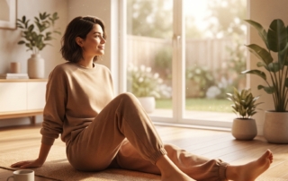 Person practicing stretch exercises for knee pain on a yoga mat in a bright, peaceful living space