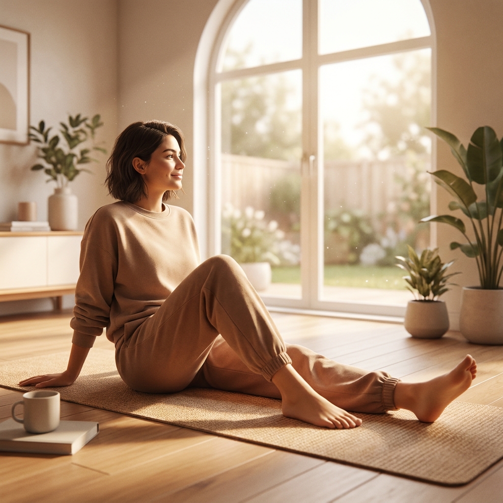 Person practicing stretch exercises for knee pain on a yoga mat in a bright, peaceful living space