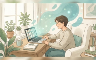 Person accessing virtual consultation for regenerative medicine from home via laptop in warm, welcoming setting