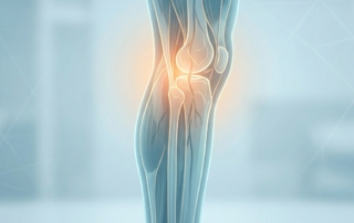 Stylized illustration highlighting pain at back of knee area with soft anatomical diagram lines on a calm blue background