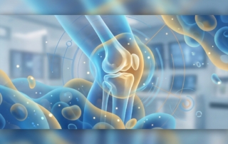 Stylized illustration of a knee joint with cellular regeneration imagery representing stem cell therapy for osteoarthritis evidence