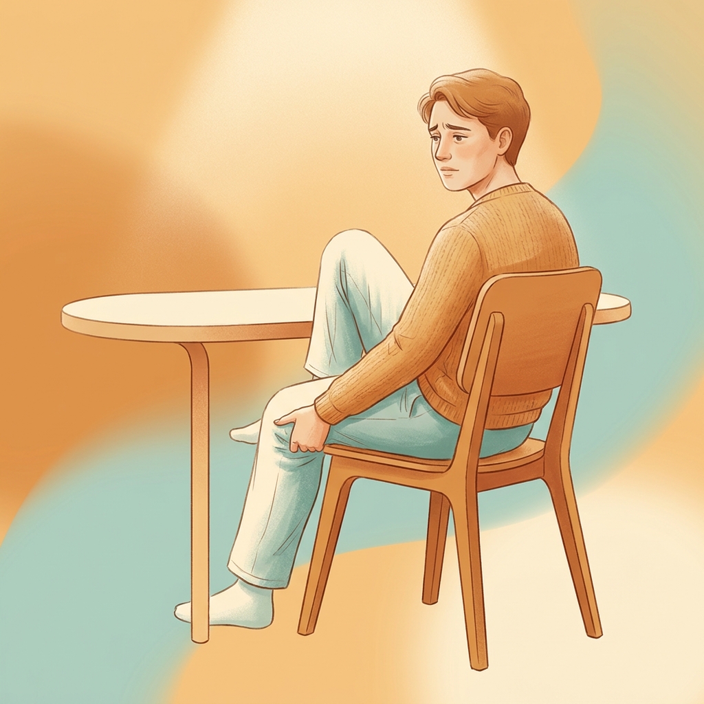 Person noticing achy pain behind knee while seated, representing awareness of posterior knee discomfort