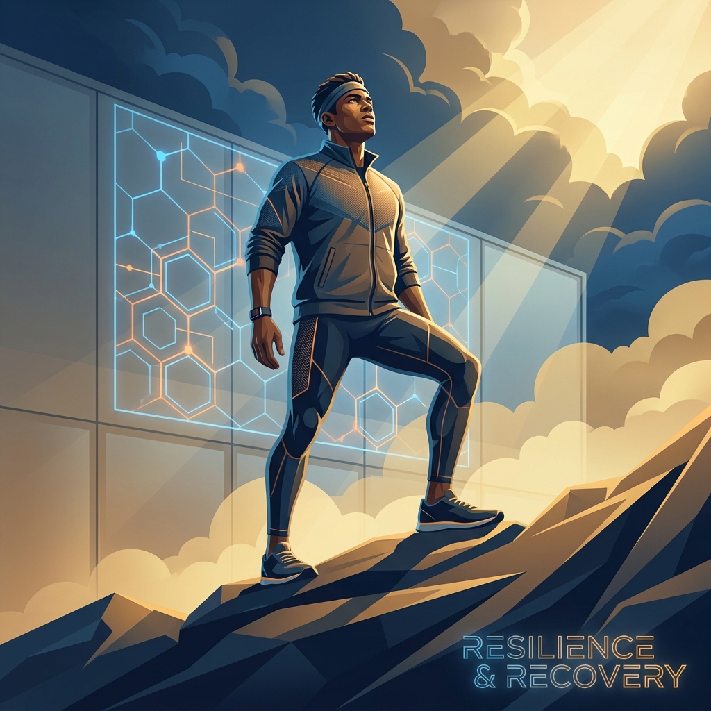 Athlete standing strong representing recovery through stem cell therapy for sports injuries with regenerative science imagery