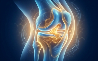 Stylized illustration of a healthy knee joint with viscosupplementation gel cushioning for knee pain relief