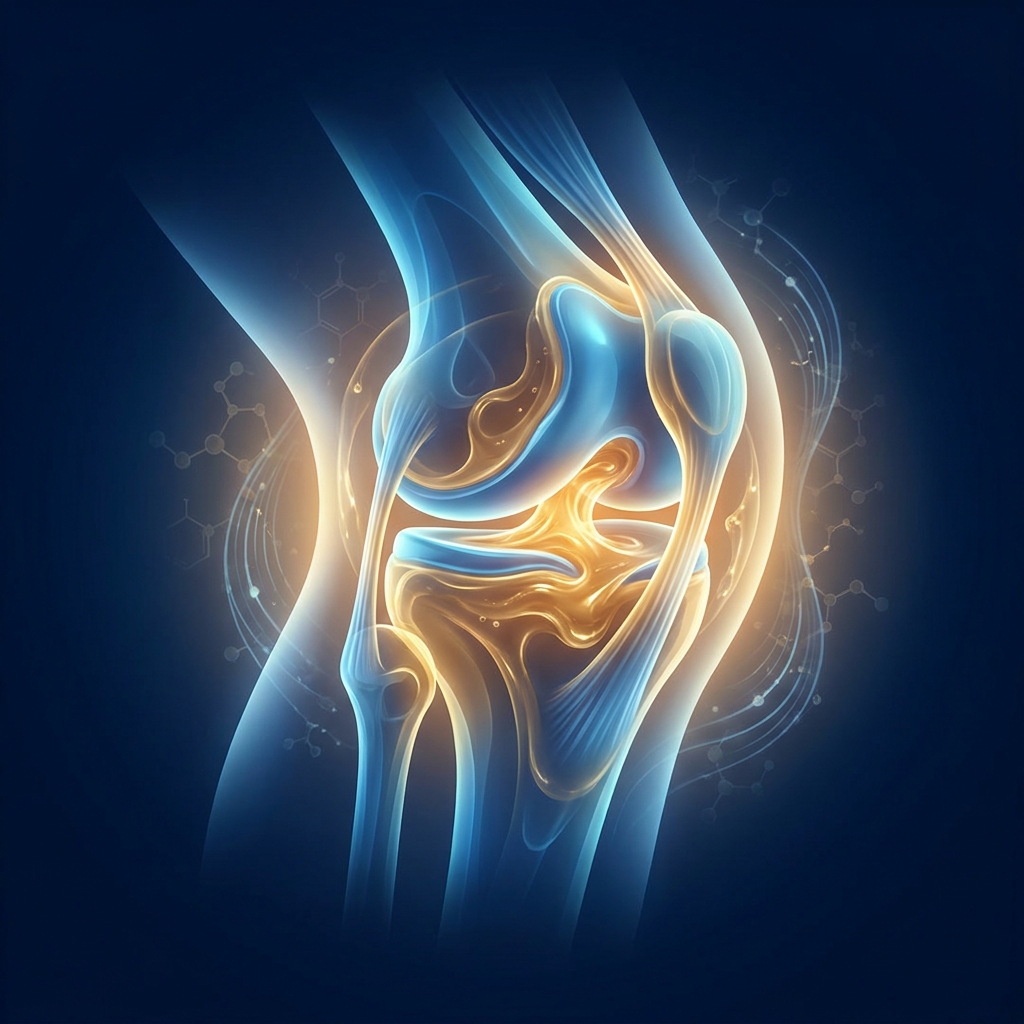 Stylized illustration of a healthy knee joint with viscosupplementation gel cushioning for knee pain relief