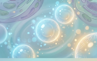 Glowing exosome vesicles illustrated in blue and gold tones representing exosome therapy orthopedics science
