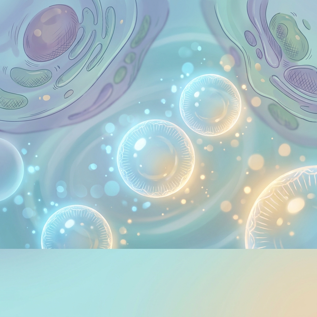 Glowing exosome vesicles illustrated in blue and gold tones representing exosome therapy orthopedics science