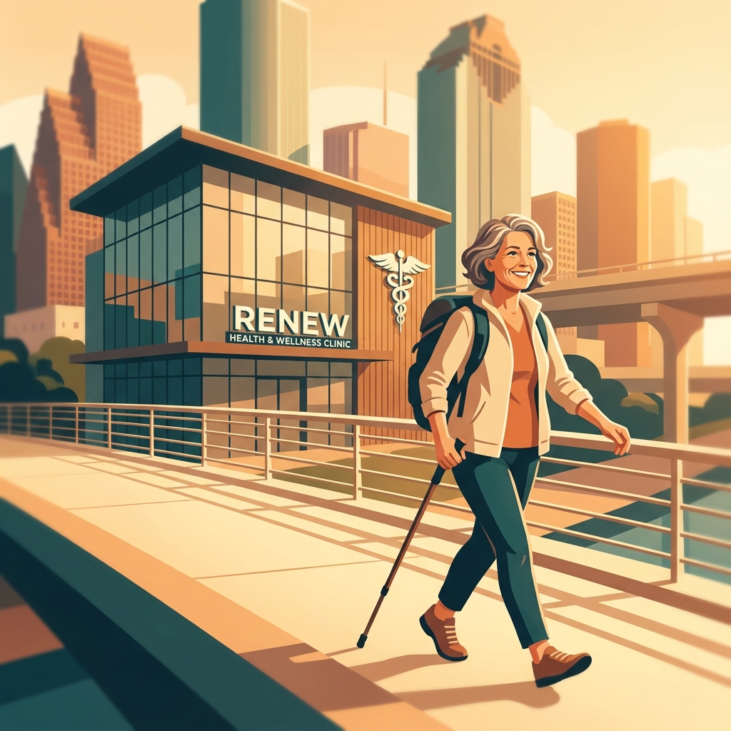 Active person walking confidently through a Texas city, representing regenerative medicine Texas treatment outcomes and renewed mobility.