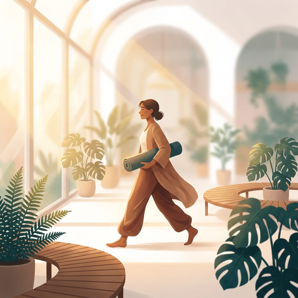 Person walking confidently in a modern wellness space, representing recovery through stem cell therapy and physical therapy for knee care.