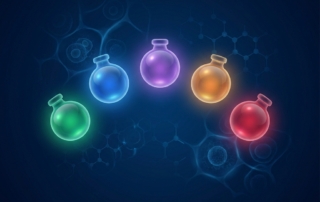 Stylized illustration of five glowing treatment vials representing orthopedic injection types comparison options
