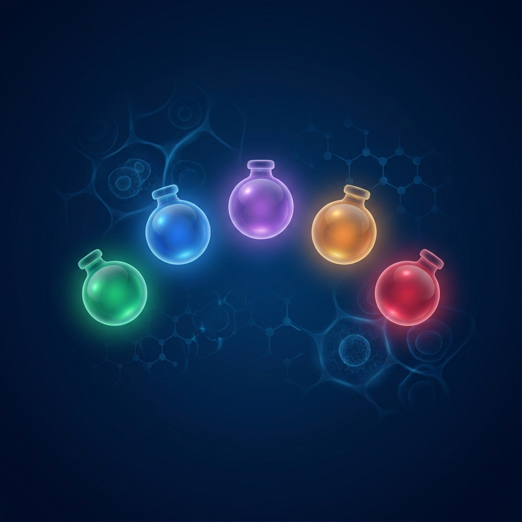 Stylized illustration of five glowing treatment vials representing orthopedic injection types comparison options