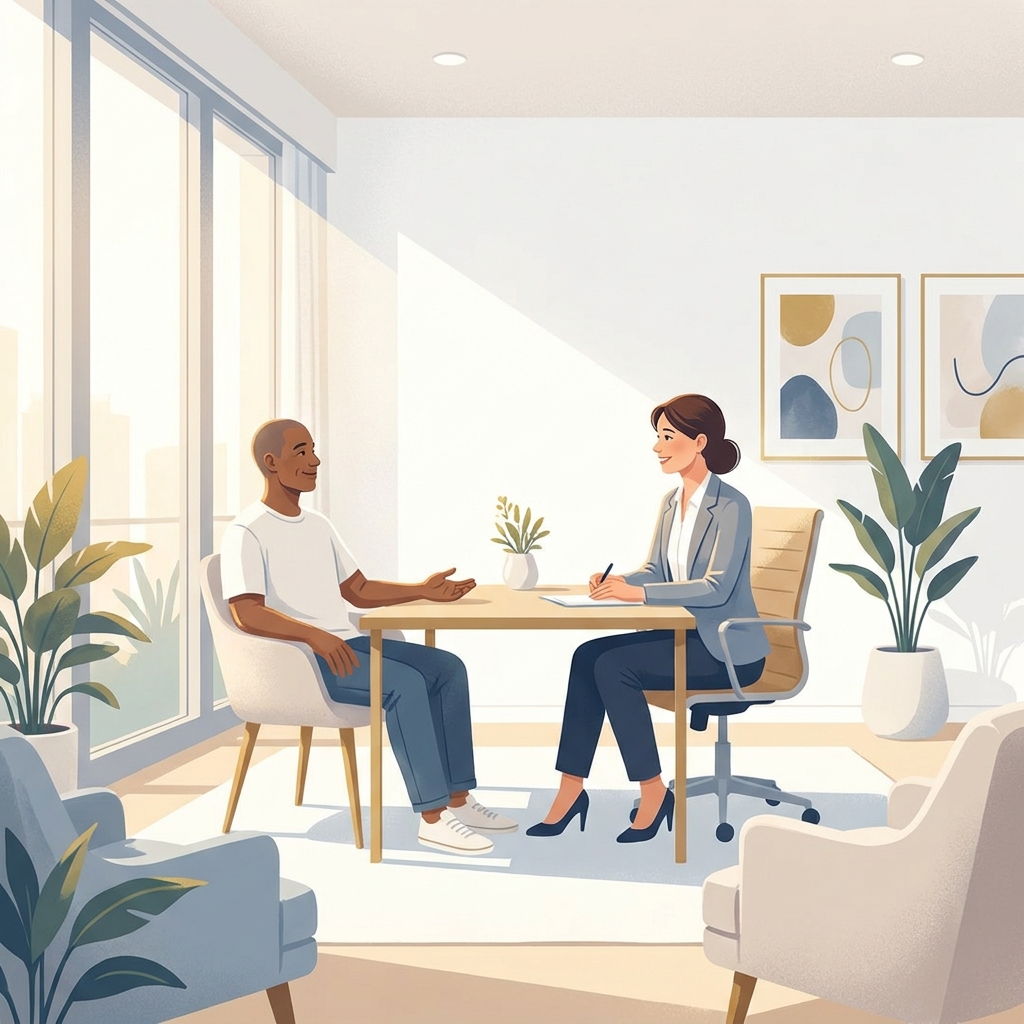 Patient confidently meeting with a regenerative medicine specialist during a first consultation visit