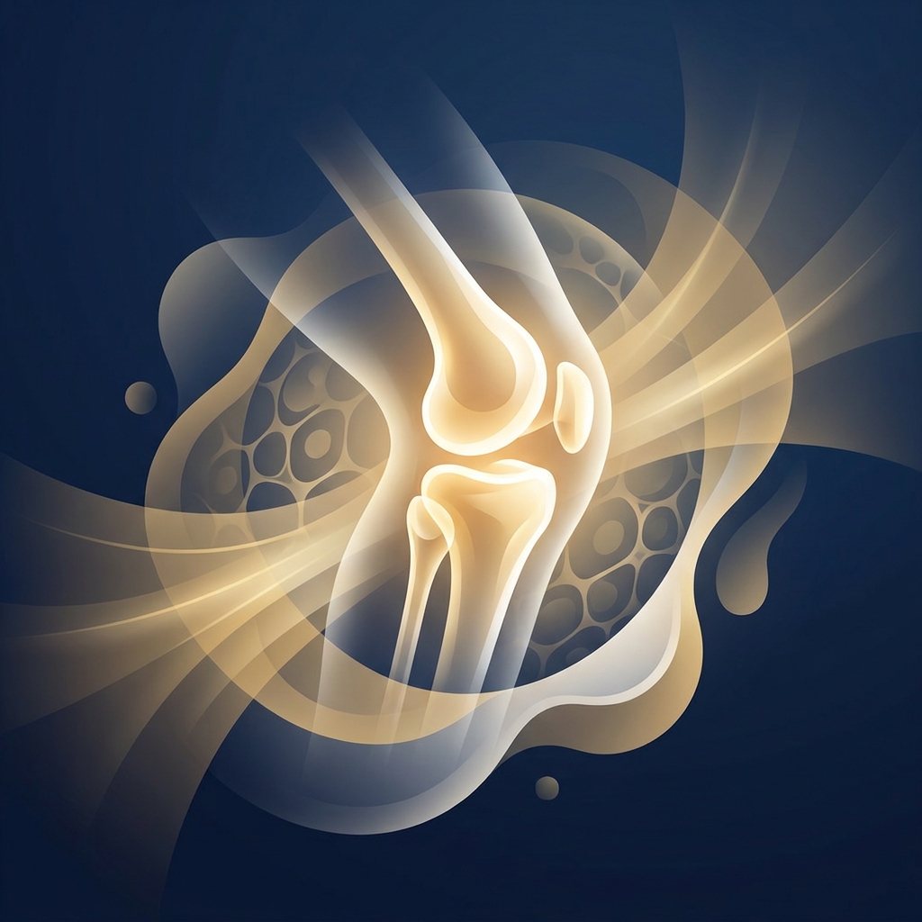 Stylized illustration of a healthy glowing knee joint representing hyaluronic acid vs PRP for knee osteoarthritis treatment options