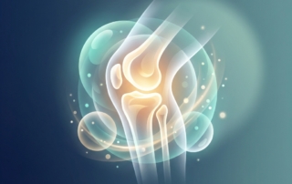 Glowing knee joint surrounded by cellular energy particles representing cellular therapy for knee pain