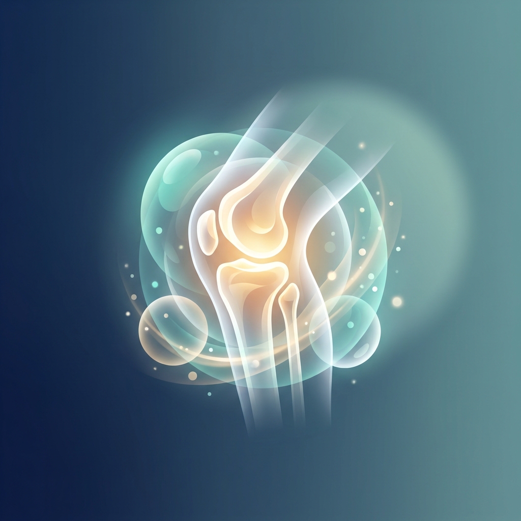 Glowing knee joint surrounded by cellular energy particles representing cellular therapy for knee pain