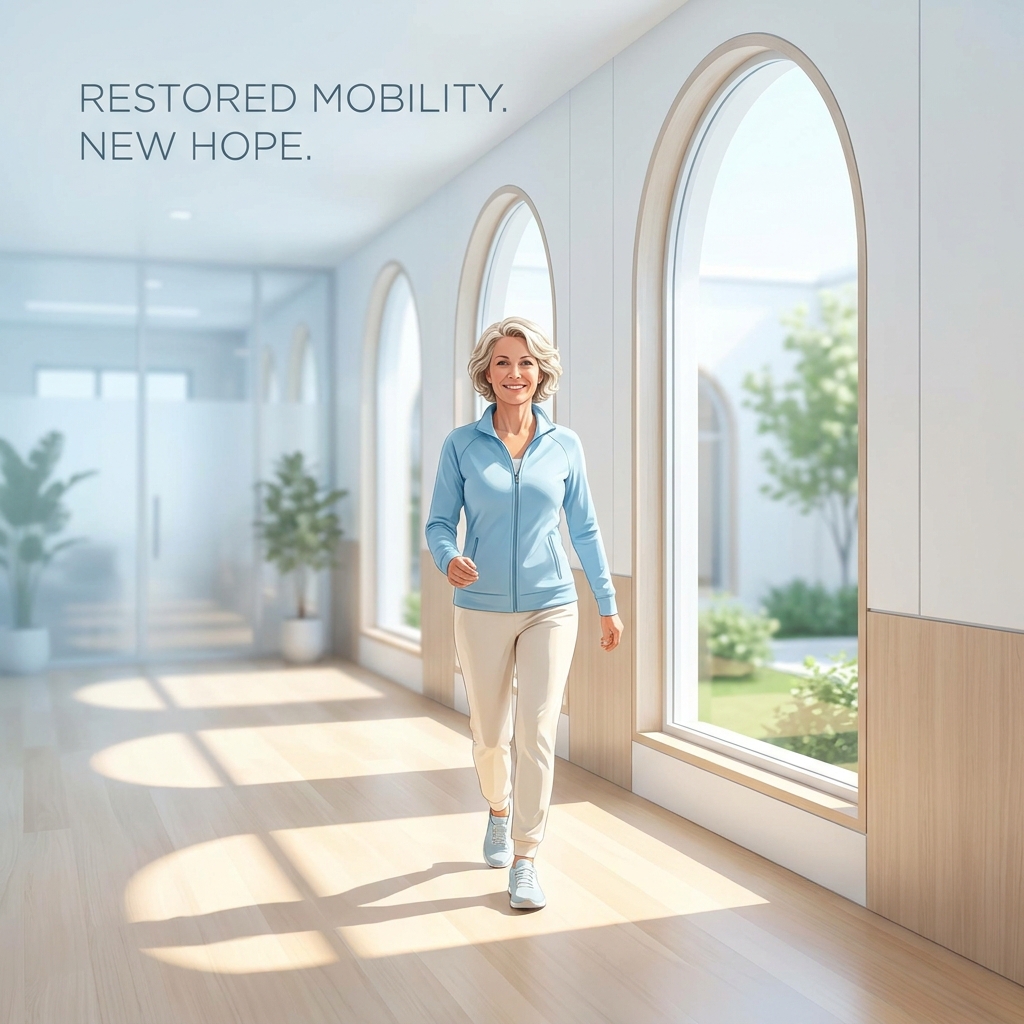 Person walking confidently in a modern clinic, representing recovery and stem cell therapy for knee pain cost transparency.