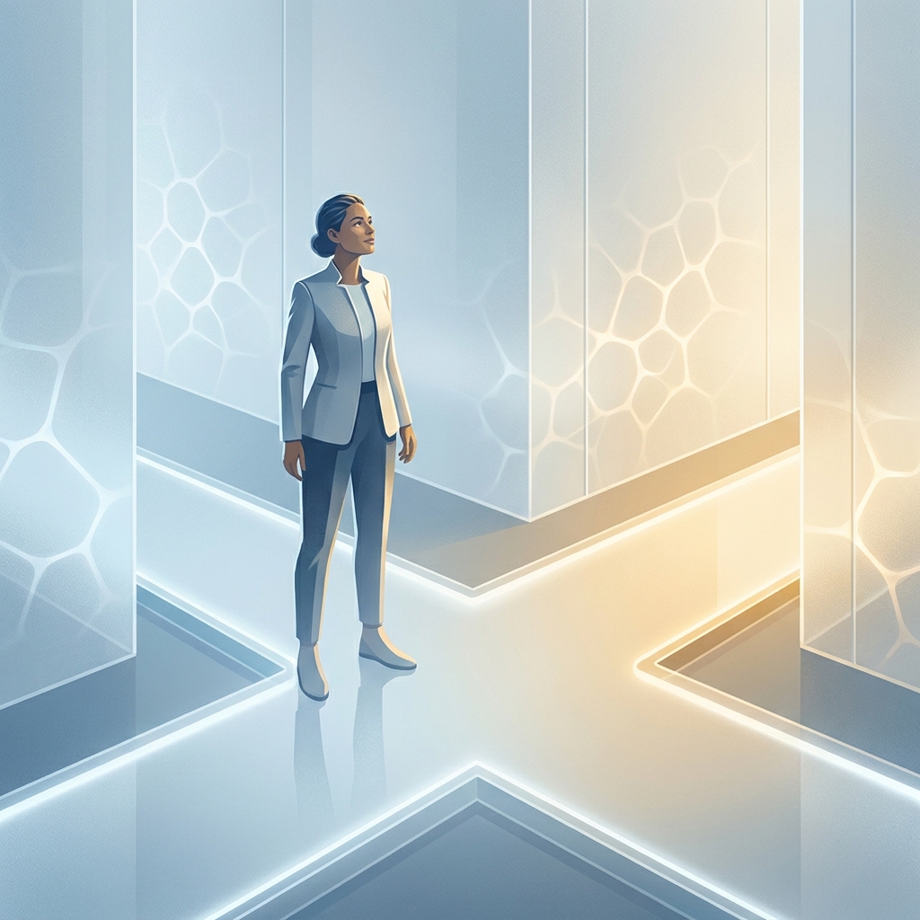 Person standing at a glowing crossroads representing an empowered regenerative medicine second opinion decision